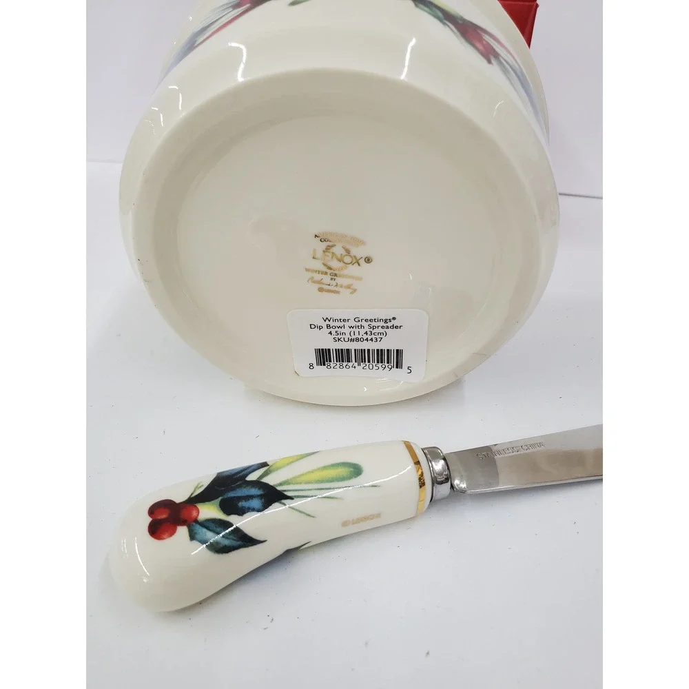 Lenox Winter Greetings Dip Bowl with Spreader Cardinal Holly Gold Rim 804437 NEW